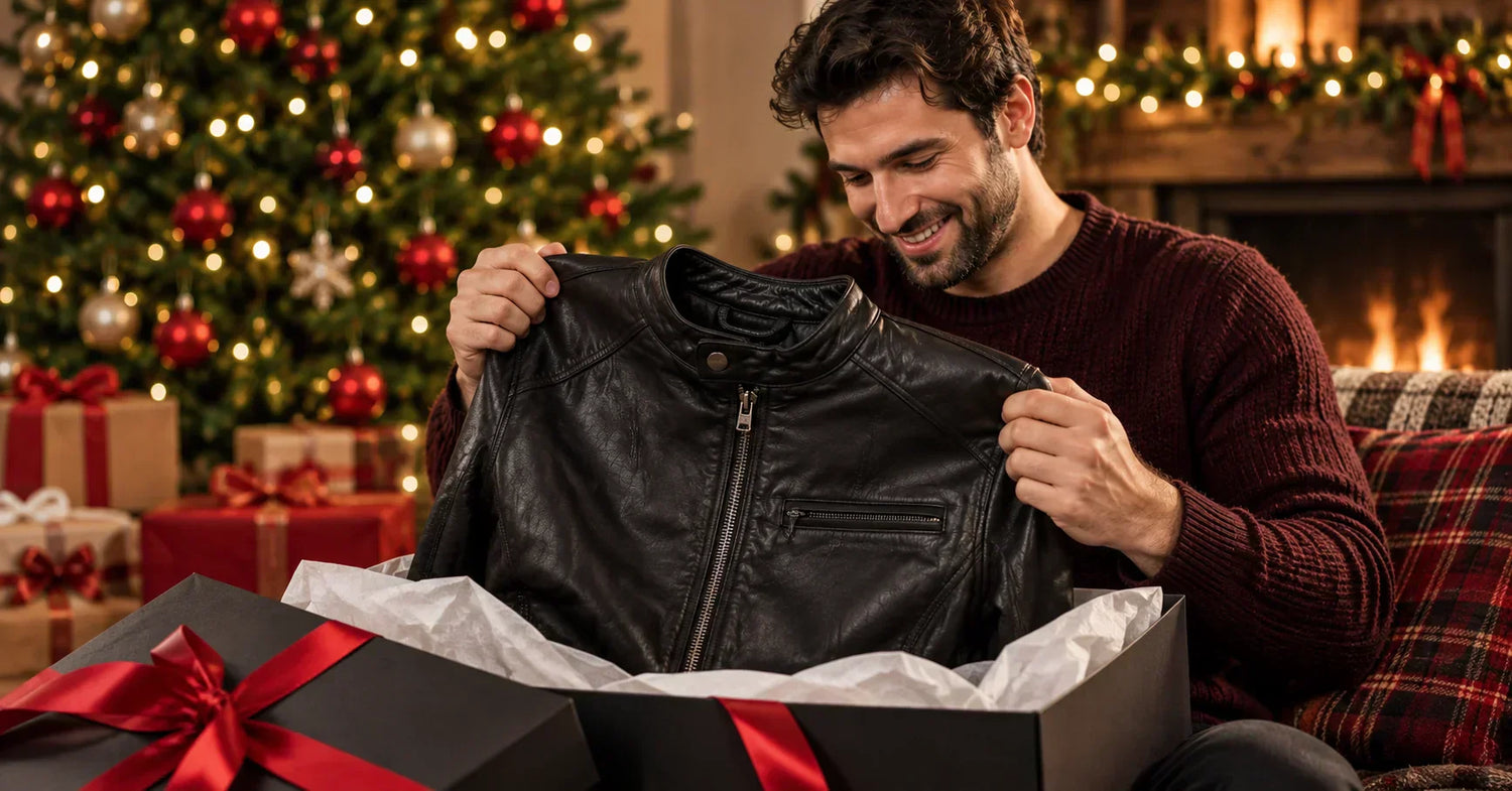 Man opening a Christmas gift and smiling while holding a premium black leather jacket beside a decorated Christmas tree.