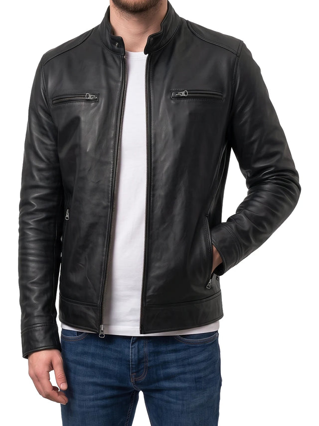 Men's black lambskin cafe racer leather jacket