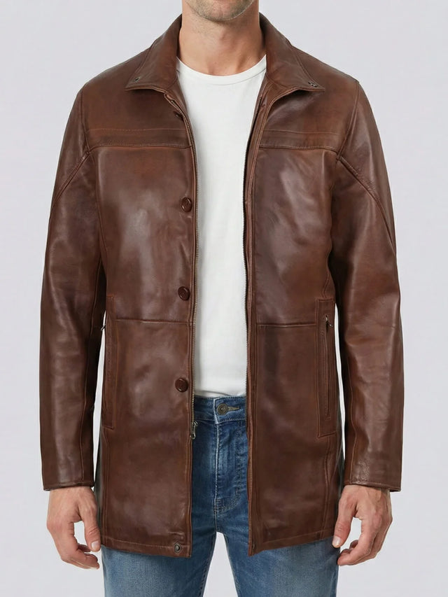 Men's cognac brown 3/4 length leather car coat