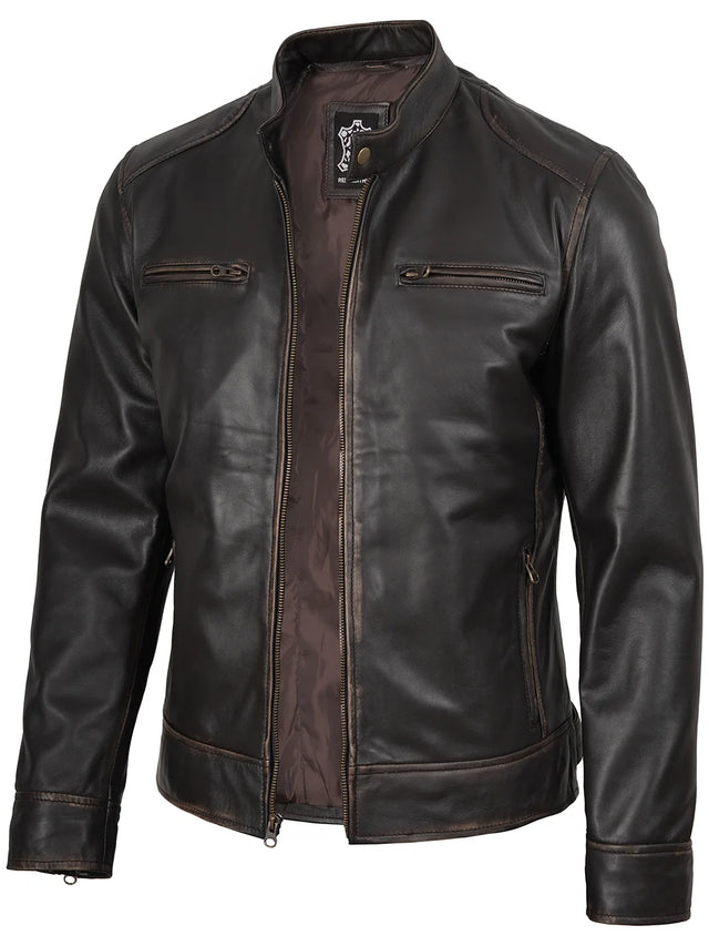 Men's rub-off dark brown biker style leather jacket