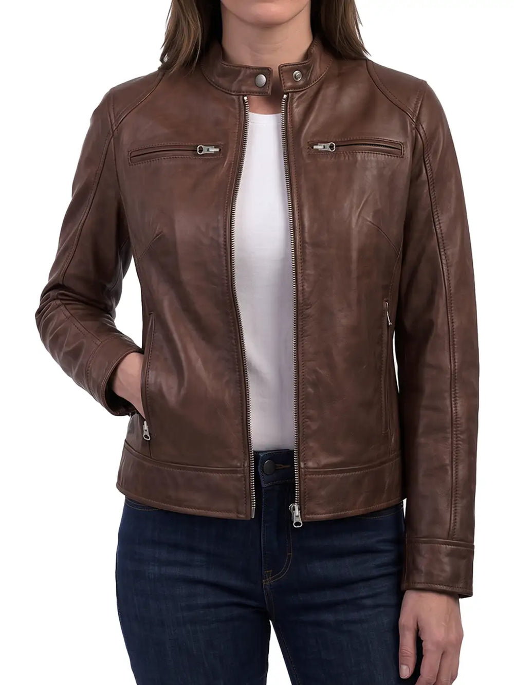 Dodge Womens Cognac Brown Biker Style Leather Jacket