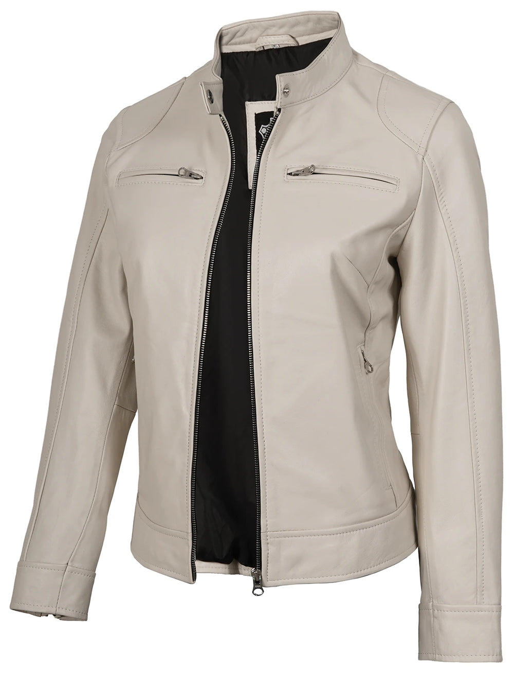 Dodge Womens Off White Cafe Racer Leather Jacket
