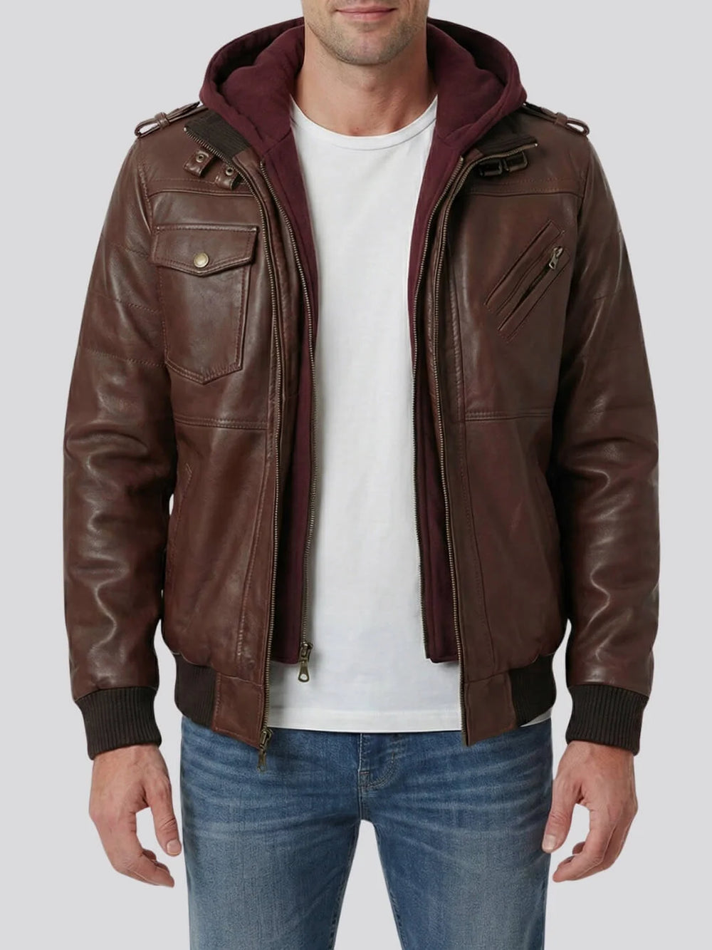 Brown leather jacket with a hood worn by a person on a white background