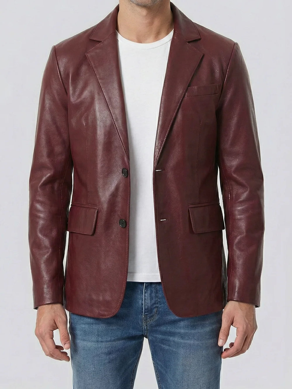 Men's Burgundy Real Leather Blazer