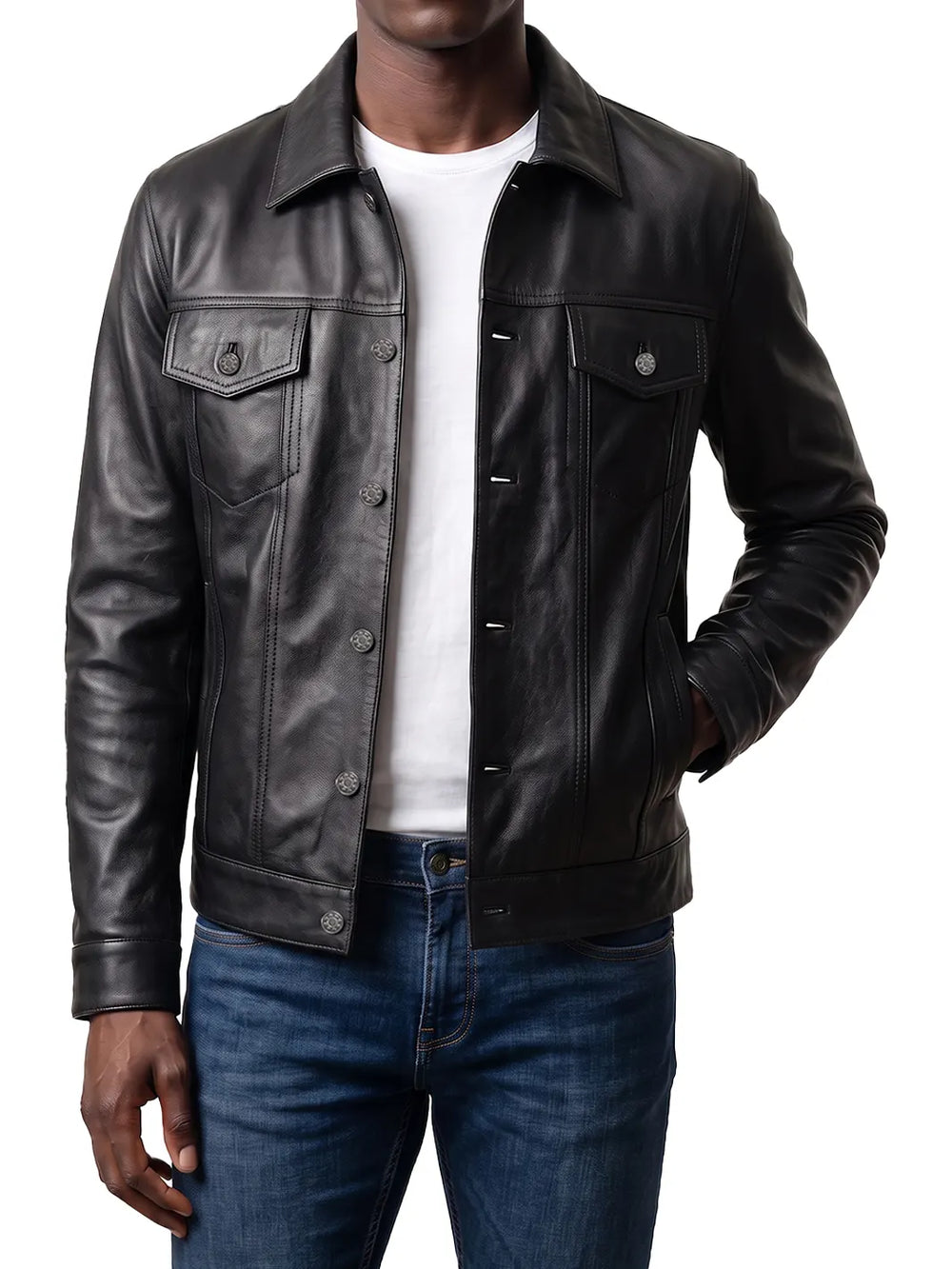 Men's black real leather trucker jacket worn open over a white tee