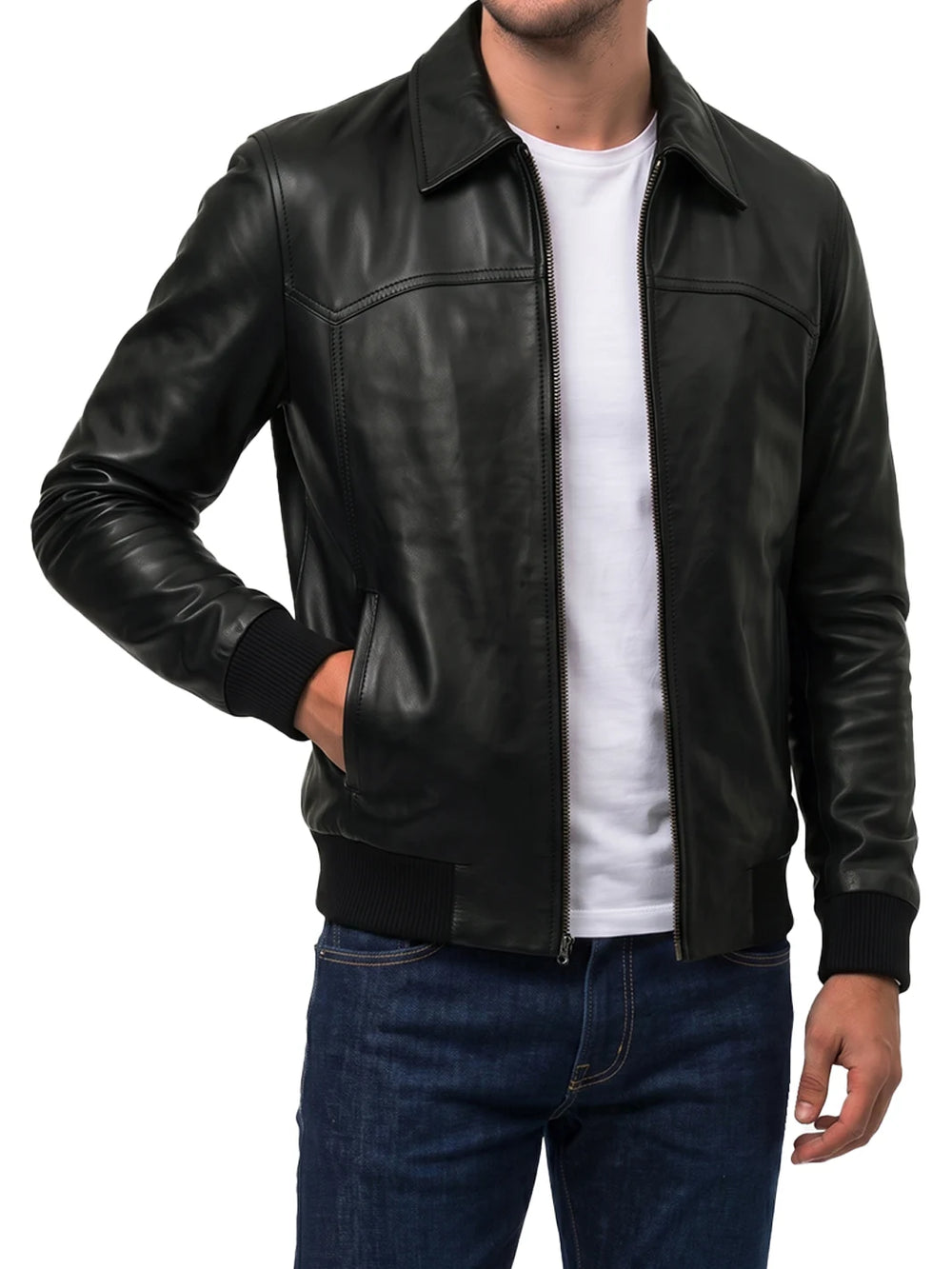 Mens Shirt Collar Black Bomber Leather Jacket - Front