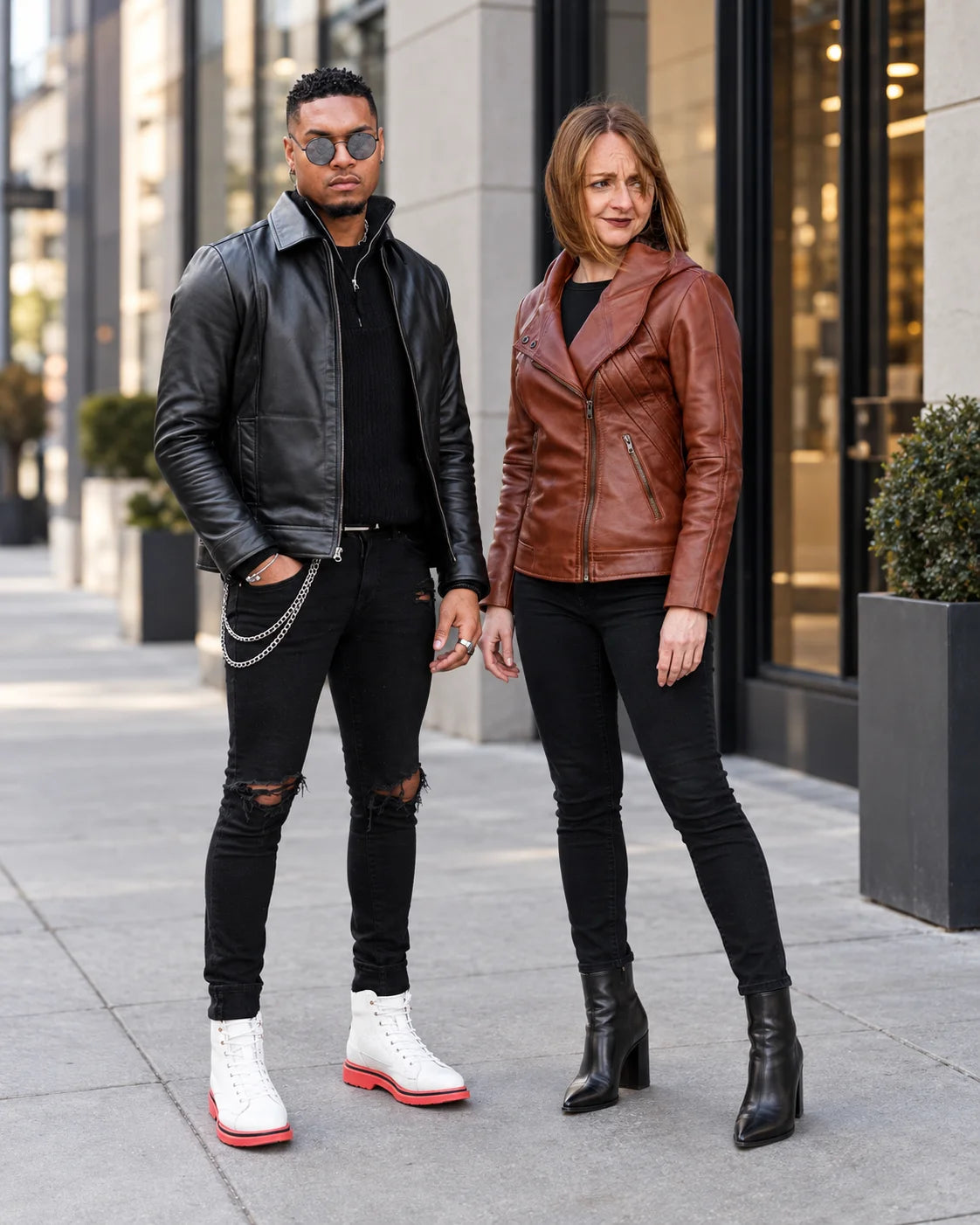 Two people in best-selling real leather jackets on a city street