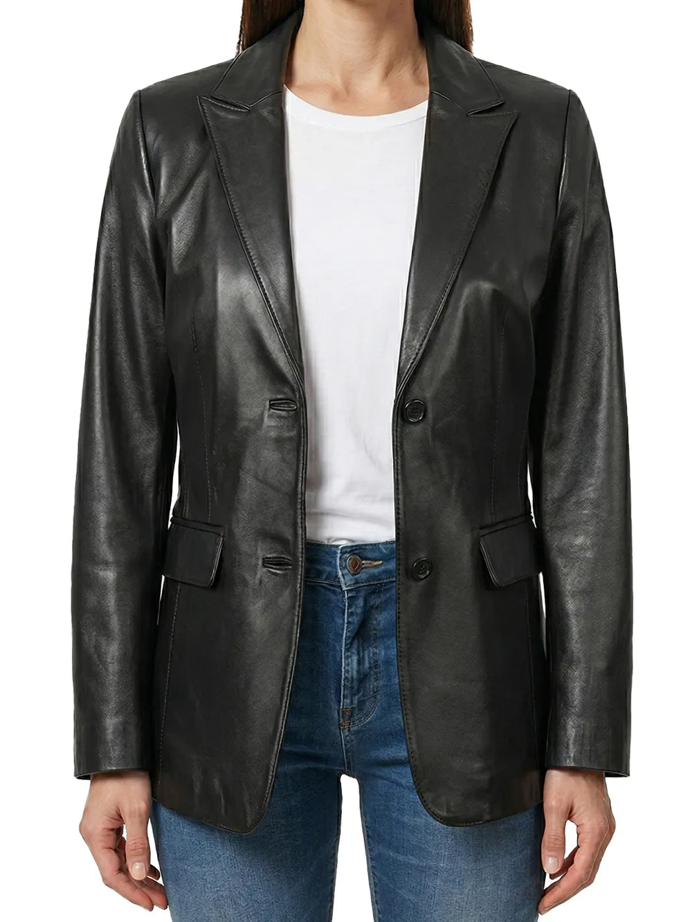 Women-Two-Button-Black-Real-Leather-Blazer