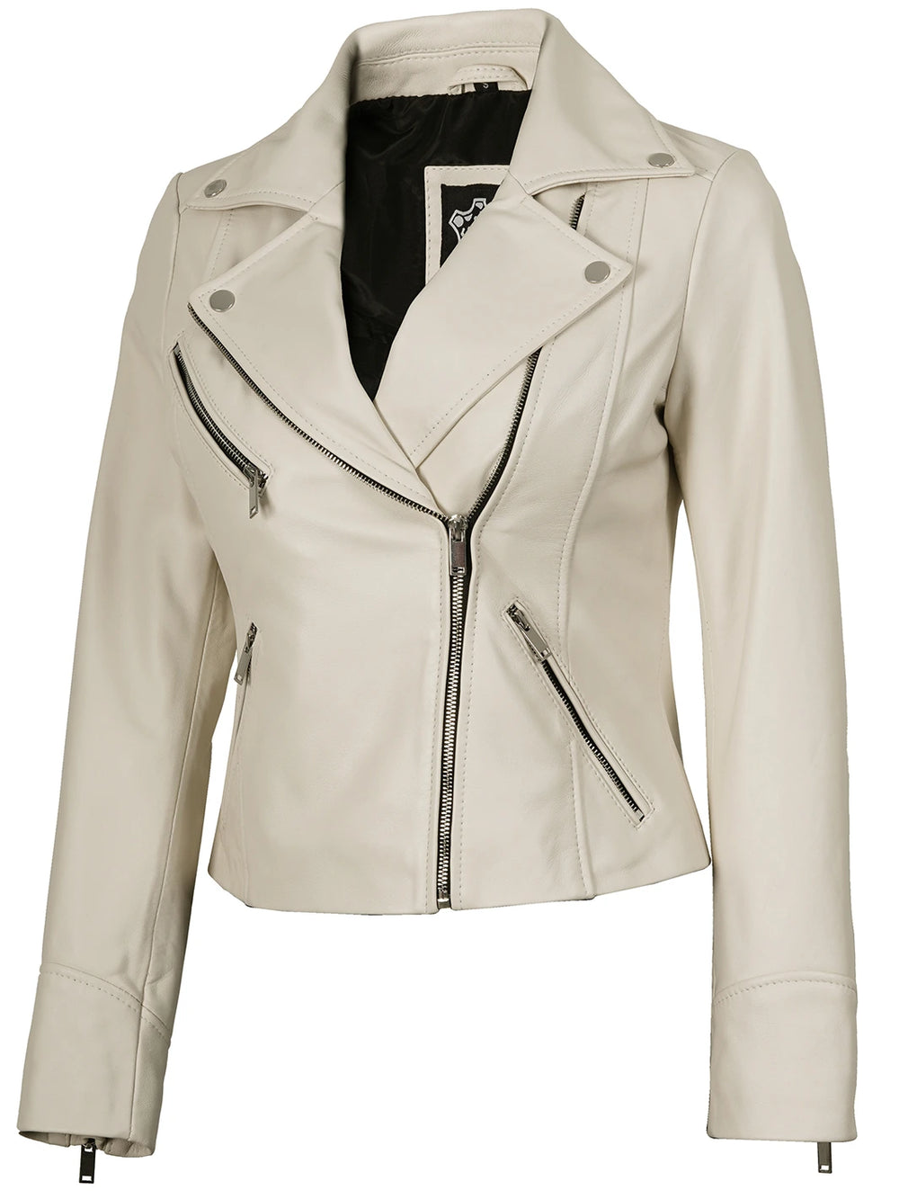 Women Moto Style Off White Real Leather Jacket