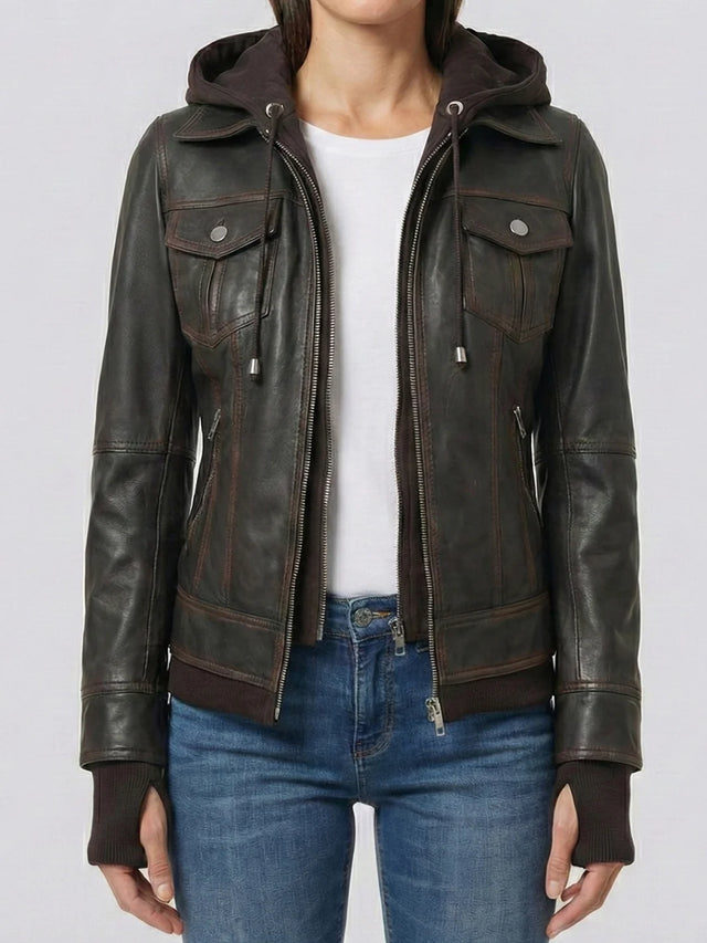 Women's rub-off dark brown leather bomber jacket with removable hood