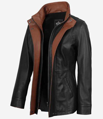 Damen Erin Breiter Revers Schwarz Lederjacke