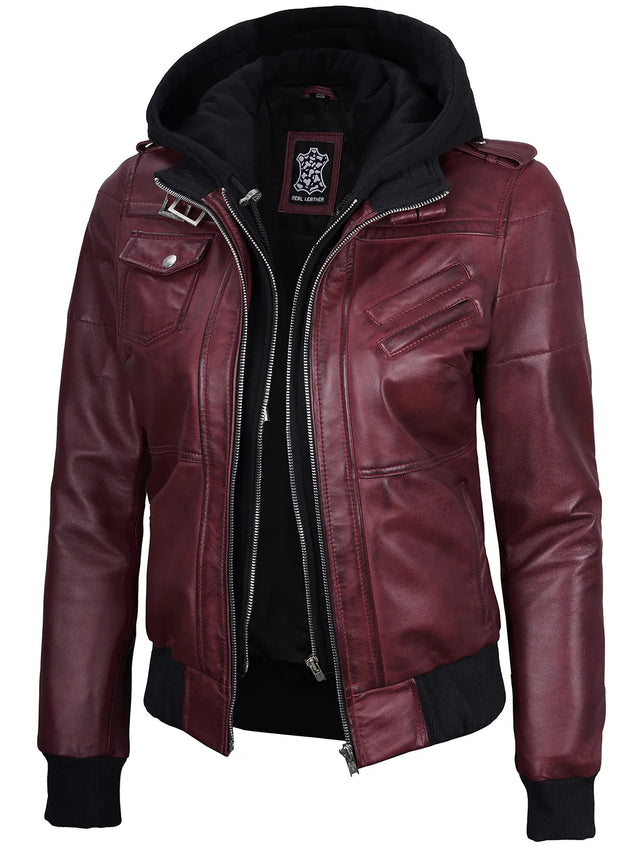 Lederjacke mit abnehmbarer Kapuze, Burgund für Damen