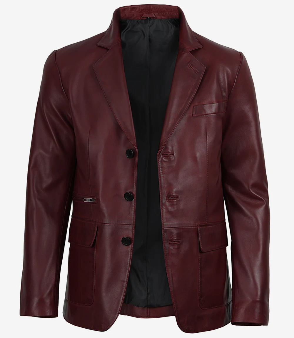 Men's Burgundy Lambskin Leather Blazer Three Button Style - Front