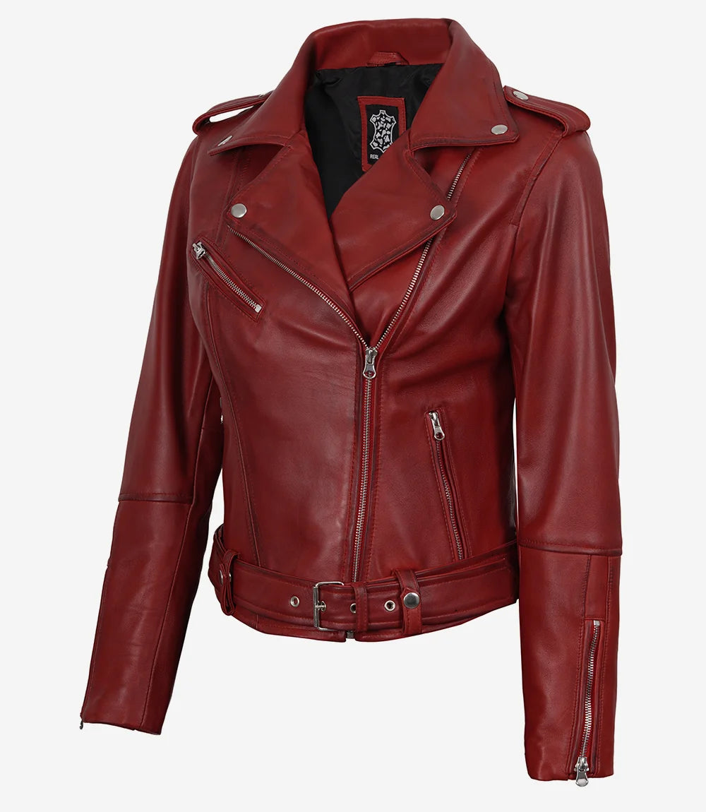 Margaret Women's Red Asymmetrical Biker Style Leather Jacket - Front