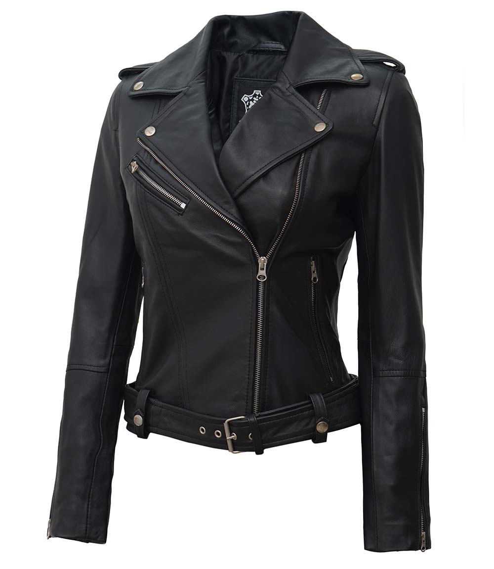 Womens Black Asymmetrical Biker Leather Jacket Decrum